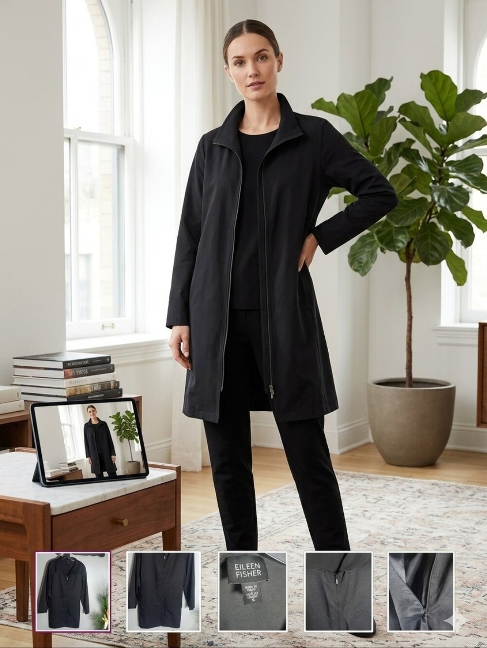 Eileen Fisher Gothic Black Raincoat Jacket  Sz Small PTP:22" Length:32"
